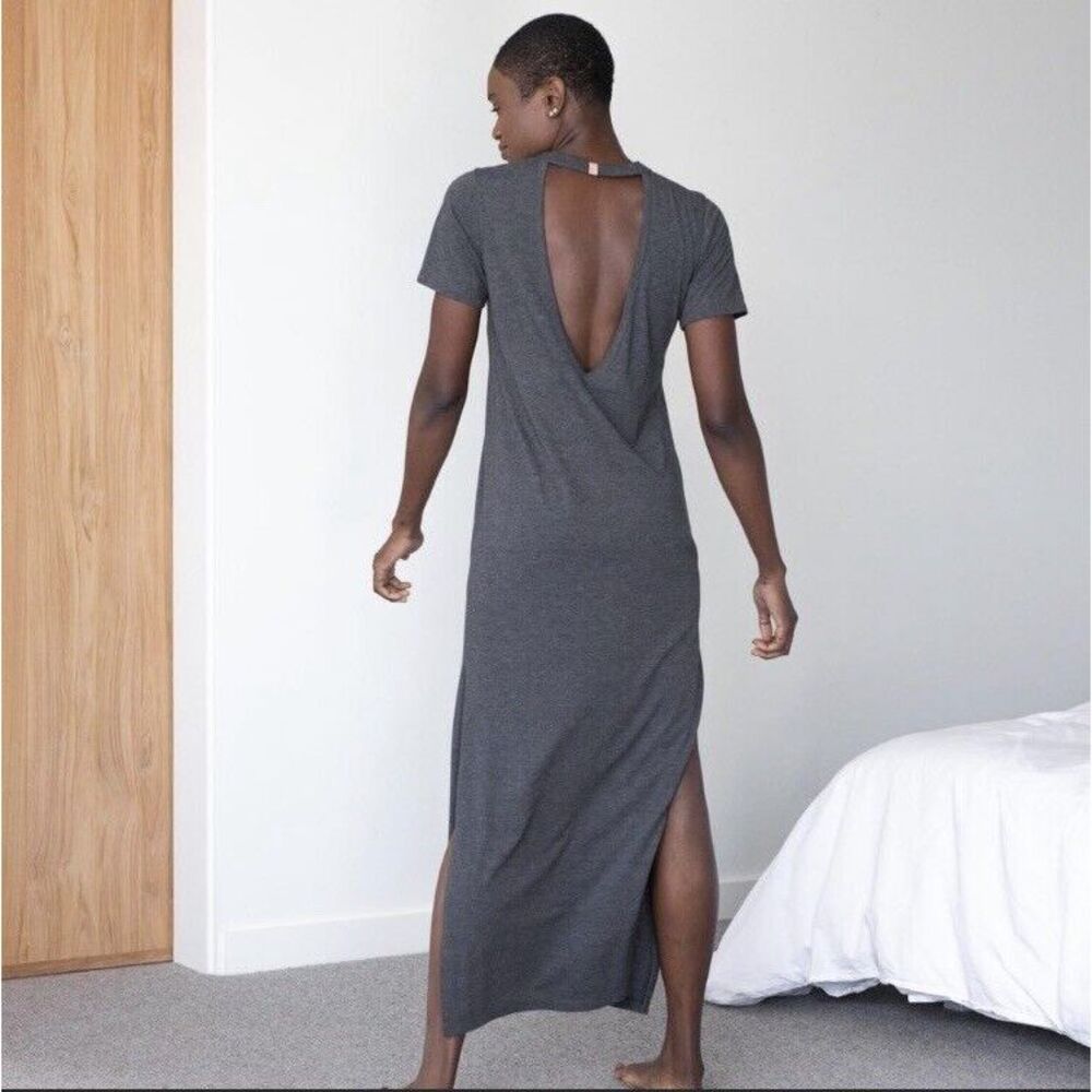 NEW Lunya Restore Long Maxi Dress In Meditative Gray Open Back Side Slit Sz XL